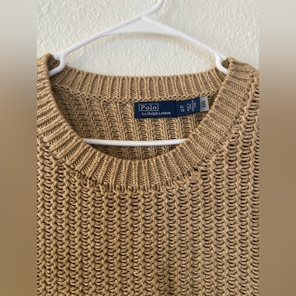 Polo Ralph Lauren Openwork Cotton-Blend Women's Tan Camel Crew Neck Sweater - Picture 3 of 5